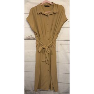 ZARA Collared Short Sleeve Midi Shirt Dress Camel Ruched Tie Waist Size XL